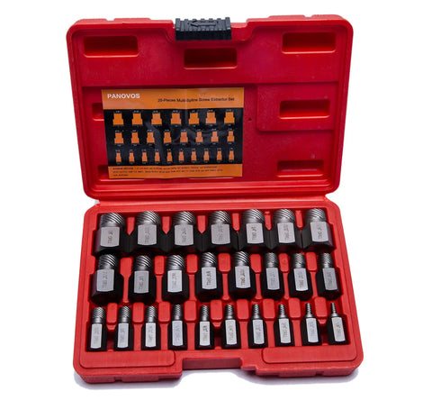 25 Piece Screw And Bolt Extractor Set For Removing Broken Studs And Stripped Fasteners With Hex Head Multi-Spline And Rounded Removers
