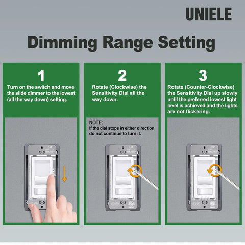 Instructions on adjusting the 6 Pack Ultra Slim Dimmer Light Switch For LED CFL And Incandescent Lights Easy Install.