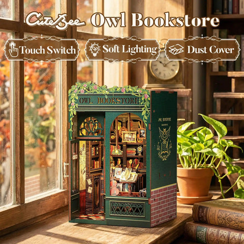Front view of Owl Bookstore Book Nook Kit For Beginners And Teens, DIY Miniature House For Dollhouse Lovers on a window shelf.