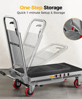 CAMMOO hydraulic lift table cart, front view, 500 lb capacity, 28.5 in lift, gray frame, foldable handle, red casters