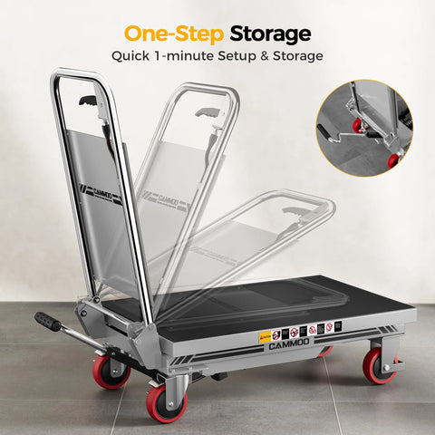 CAMMOO hydraulic lift table cart, front view, 500 lb capacity, 28.5 in lift, gray frame, foldable handle, red casters