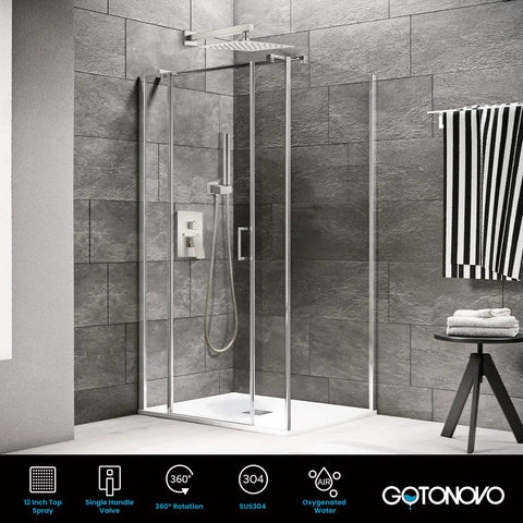 Chrome Polished Shower Faucet Set With 12 Inch Square Rainfall Showerhead, Wall Mount System, modern bathroom upgrade view