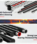 Close-up of industrial-grade metal pipes and wire shelving for 4 Tier Metal Shelving Unit Heavy Duty Wire Rack Storage Shelf Featuring 2640 Pound Capacity Rock Solid Workhorse Organizer Built Different For Garage Kitchen Warehouse Flex.