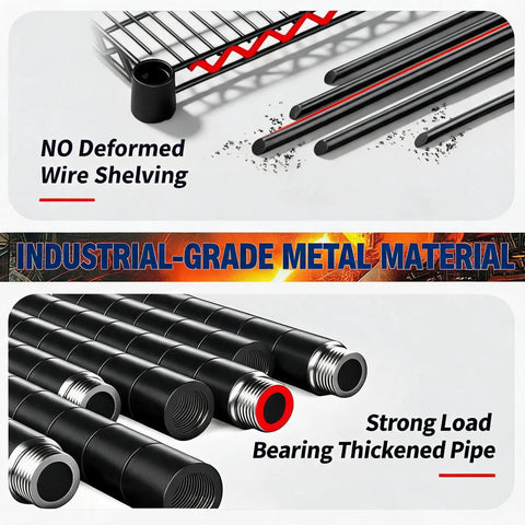 Close-up of industrial-grade metal pipes and wire shelving for 4 Tier Metal Shelving Unit Heavy Duty Wire Rack Storage Shelf Featuring 2640 Pound Capacity Rock Solid Workhorse Organizer Built Different For Garage Kitchen Warehouse Flex.
