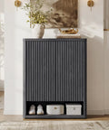 High Capacity Fluted Wooden Shoe Cabinet With Six Tier Hidden Footwear Storage For Entryway displaying sleek doors in a modern entryway.