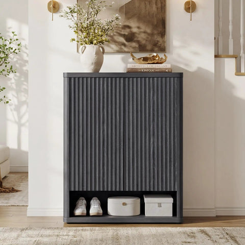 High Capacity Fluted Wooden Shoe Cabinet With Six Tier Hidden Footwear Storage For Entryway displaying sleek doors in a modern entryway.