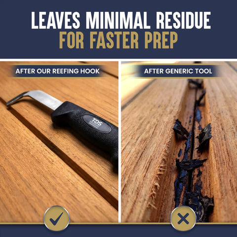 Reefing Hook For Boat Caulk Removal shown with minimal residue on left, compared to generic tool on right, highlighting efficiency.