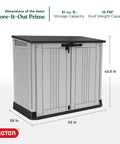 Store It Out Prime Outdoor Resin Storage Shed With Hydraulic Pistons Easy Lift Hinges Ventilation Panels Steel Reinforcement Bin Opening Kit image showing dimensions and storage capacity