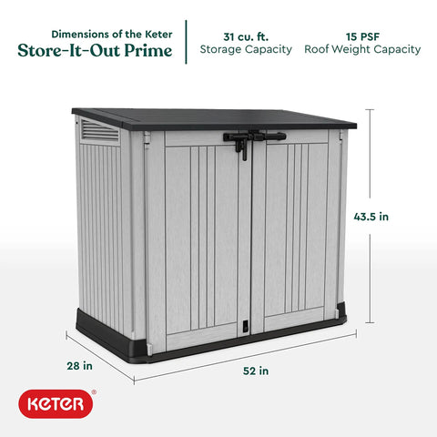 Store It Out Prime Outdoor Resin Storage Shed With Hydraulic Pistons Easy Lift Hinges Ventilation Panels Steel Reinforcement Bin Opening Kit image showing dimensions and storage capacity