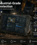 Hella Tough Eight Inch Rugged Android Tablet With 4G LTE Dual Sim Cellular, IP69K Waterproof Night Vision Lens, showing industrial-grade protection in wet environment.