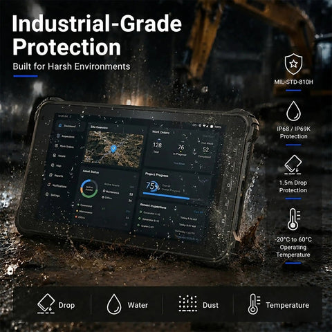 Hella Tough Eight Inch Rugged Android Tablet With 4G LTE Dual Sim Cellular, IP69K Waterproof Night Vision Lens, showing industrial-grade protection in wet environment.