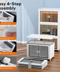 Easy 4-step assembly of stackable storage bins with individual lids and front doors, shown with unfolded and installed wheel base.