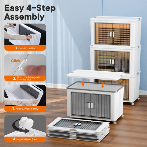 Easy 4-step assembly of stackable storage bins with individual lids and front doors, shown with unfolded and installed wheel base.
