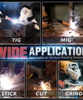 Collage showing TIG, MIG, STICK, CUT, and GRIND applications for welding with Auto Darkening Welding Helmet With Side View And 180 Degree Panoramic Vision, True Color Solar Powered Welder Hood With Blue Light Blocking Lens, Wide Shade From Three To Five And Nine To Thirteen, Suitable For TIG MIG ARC CUT And GRIND, Model LYG Q800D.