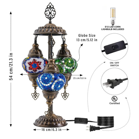 Turkish Mosaic Table Lamp With Bulb Included Dope Anatolian Star Three Globe Light in antique bronze with blue, red, and green glass