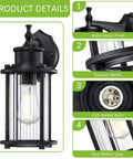 Two Pack Outdoor Wall Lights For Porch Patio And Garage 12.5 Inch Exterior Waterproof Fixtures In Matte Black With E26 Socket And Ribbed Glass Shade Easy Mount Sconces Built To Last Anti Rust detailing product features.