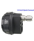 Close-up of JOEJET pressure washer nozzle tip; black plastic body with metal 1/4 in quick-connect, 6-in-1 adjustable spray.