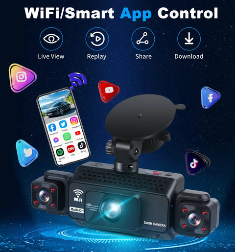 4 Channel Dash Cam With 360 Degree View For Cars, 2K Front Rear Inside Left Right Cameras, 5G WiFi App Control interface visible