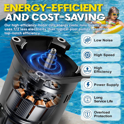 Heavy-Duty 2HP Pool Pump Motor, 230V Single Speed, 56Y Square Flange, 3450 RPMs motor interior view with energy efficiency features.