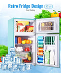 Hella Spacious 3.5 Cubic Feet Retro Mini Fridge With Handle Compact Refrigerator showcasing colorful fruits and drinks inside.