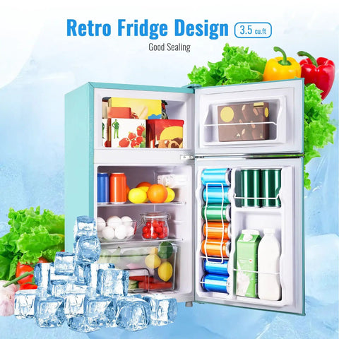 Hella Spacious 3.5 Cubic Feet Retro Mini Fridge With Handle Compact Refrigerator showcasing colorful fruits and drinks inside.