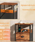Sleek Rustic Brown Nightstand With Built In Charging Station And Two Fabric Drawers A Legit Game Changer For Dorm Rooms Featuring No Sweat Setup With Standard Outlets And USB Ports For All Your Gear, showcasing two drawers and charging features.