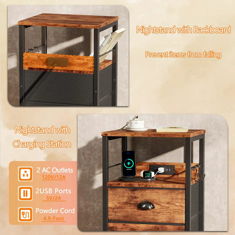 Sleek Rustic Brown Nightstand With Built In Charging Station And Two Fabric Drawers A Legit Game Changer For Dorm Rooms Featuring No Sweat Setup With Standard Outlets And USB Ports For All Your Gear, showcasing two drawers and charging features.