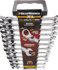 12 Piece XL Locking Flex Head Ratcheting Wrench Set, Metric 12 Point on display with handle, showcasing off-corner loading design.