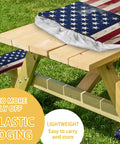 Picnic Table Cover Set With Bench Covers For 6 Ft Tables, Retro American Flag Design on wood table, elastic edges shown