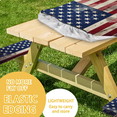 Picnic Table Cover Set With Bench Covers For 6 Ft Tables, Retro American Flag Design on wood table, elastic edges shown