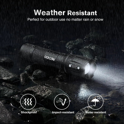 Six Pack LED Flashlights With High Lumens Pocket Size Three Modes Battery Powered Adjustable Focus Waterproof laying on wet rocks