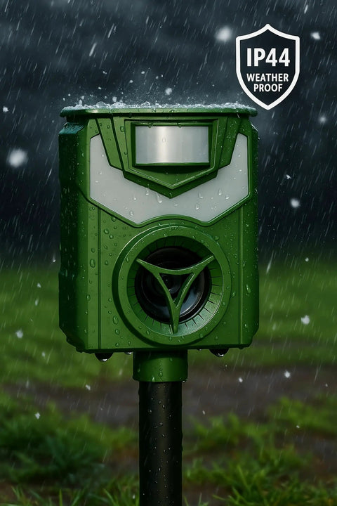 IP44 weatherproof Solar Ultrasonic Animal Repeller With 110 Degree PIR Motion Sensor, 5 Modes, LED strobe on stake in rain