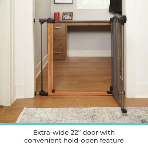 Woodgrain Steel Baby Gate With Auto Close For Doorways, Adjustable From 29.75 To 40.5 Inches Wide And 30 Inches Tall, open view
