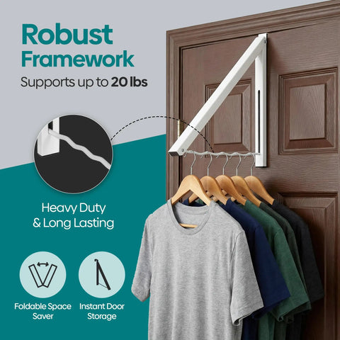 Over The Door Hanger Rack, Foldable Closet Organizer For Clothes And Towels holding shirts on a wooden door.