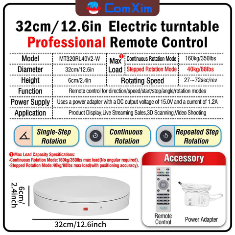 ComXim Motorized Turntable Remote Control Rotating Display Stand 360 Degree Platform 32cm/12.6in with power supply and remote controller.