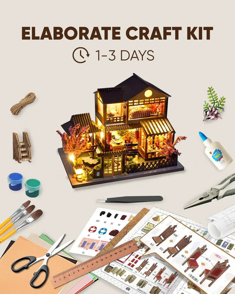 Beginner Friendly Mini Dollhouse Kit With Japanese Garden House Theme, showcasing diorama tools and materials.