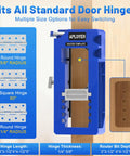 Adjustable Door Hinge Jig And Router Template For 3 To 5 Inch Hinges with various hinge sizing options displayed.