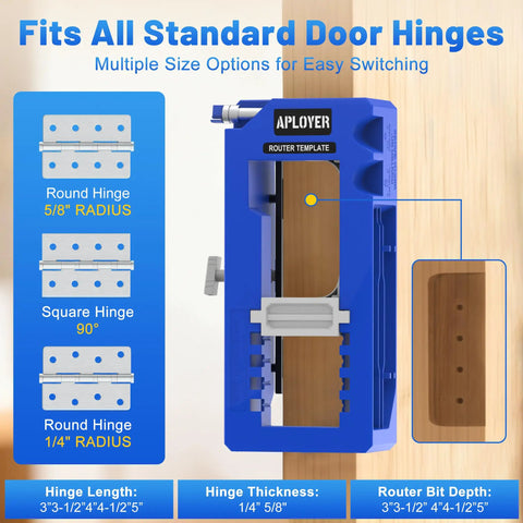 Adjustable Door Hinge Jig And Router Template For 3 To 5 Inch Hinges with various hinge sizing options displayed.