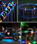 2 Pack Battery Operated Outdoor String Lights With 8 Modes wrapped around fence, car, and trampoline, powered by 3 AA batteries each