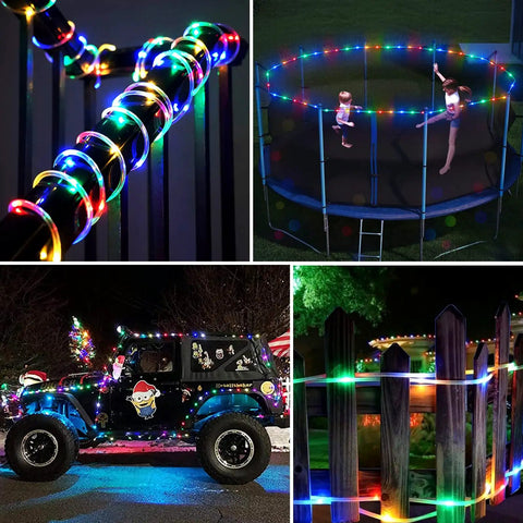 2 Pack Battery Operated Outdoor String Lights With 8 Modes wrapped around fence, car, and trampoline, powered by 3 AA batteries each
