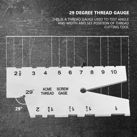 29 Degree Acme Thread Gauge Pro Grade Stainless Steel For Machinists with angle and width markings on dark surface