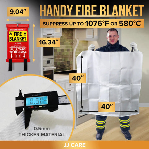 Must Have Emergency Fire Blanket 40 By 40 Inches Pack Of 2 With Hooks And Gloves For Camping Grilling Kitchen Home Car School Office And Warehouse Fast Flame Suppression And Fire Safety Shield displayed by person in kitchen.