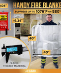 40 By 40 Inch Fire Blanket Kit With Hooks And Gloves, person holding fire blanket in kitchen with temperature details