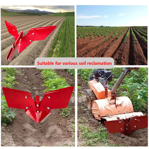 Rear Tine Tiller Furrower Kit With Three Adapter Types, Adjustable Plow Wings in farmland and garden use for crop growth