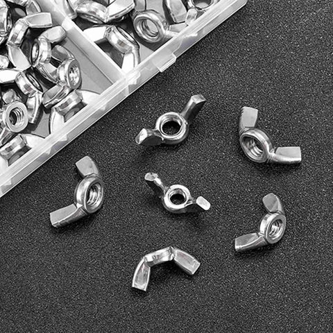 Beefy 35 Piece Butterfly Wing Nuts Set 1/4-20, 5/16-25, 3/8-16 Stainless Steel 304 Assorted Kit displayed on black surface