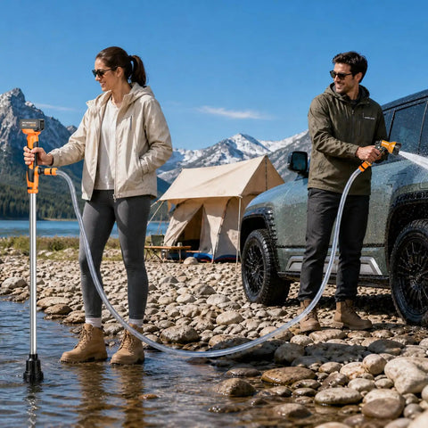 Heavy Duty Battery Powered Stick Water Pump With Three Speed Adjustable Motor being used by a woman on a rocky shore.