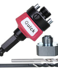 Fast Change Hole Saw Mandrel With 7/16 Inch Shank Quick Connect Arbor with adapter and pilot bits, visible in red and black.