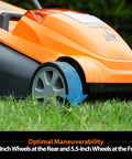 Close-up of orange lawn mower wheel on grass, Brushless Cordless Lawn Mower With 48V Max Power 15 Inch Deck visible