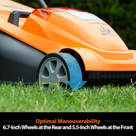 Close-up of orange lawn mower wheel on grass, Brushless Cordless Lawn Mower With 48V Max Power 15 Inch Deck visible