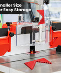 Heavy Duty Aluminum Table Saw Height Gauge For Dead On Cutting Heights displayed on router table, showcasing vivid red finish and compact design.